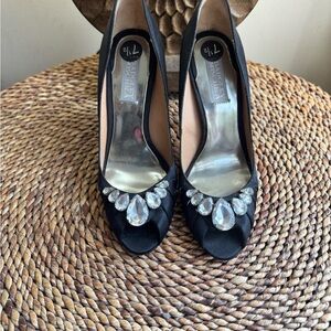 Badgley Mischka Black Satin Crystal-Embellished Peep-Toe Heels